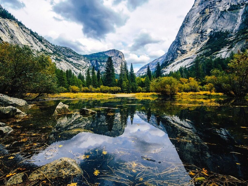 lake water in yosemite with peaks in background