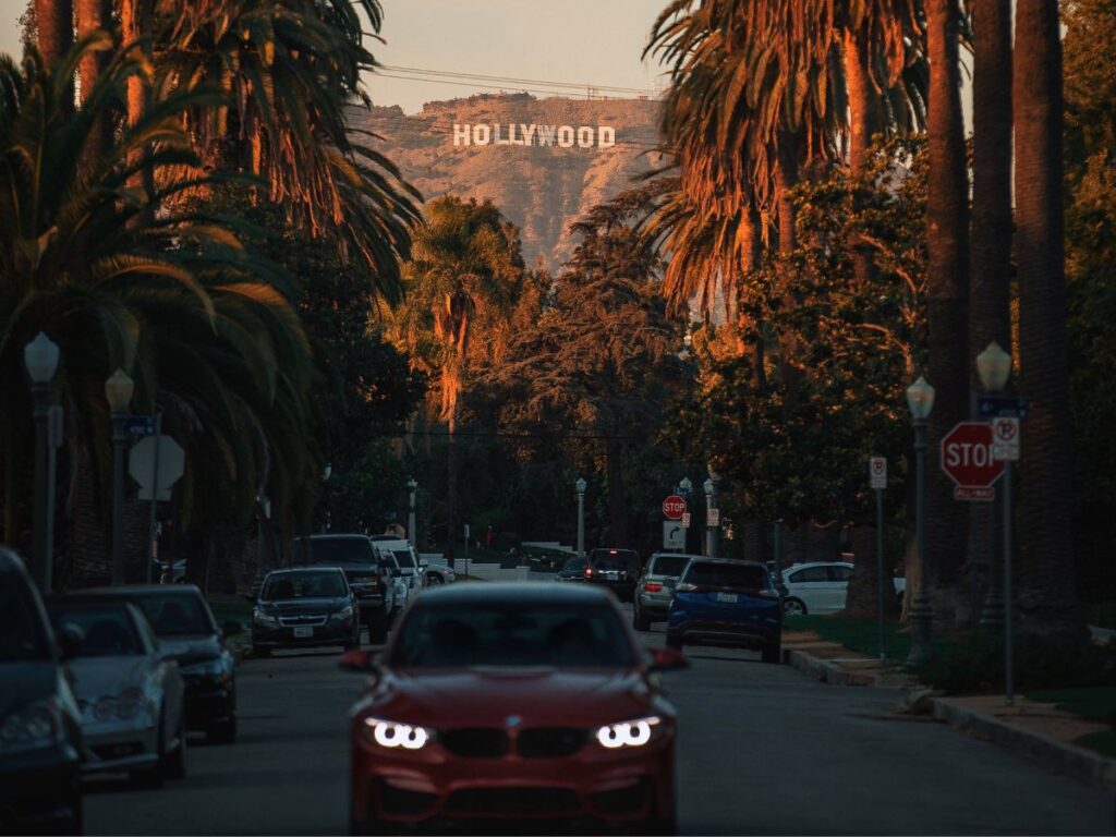 exiting LA with Hollywood sign at back