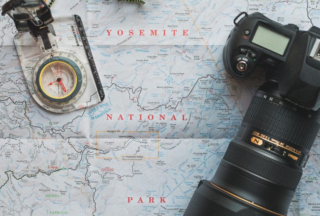 yosemite map with compass and camera